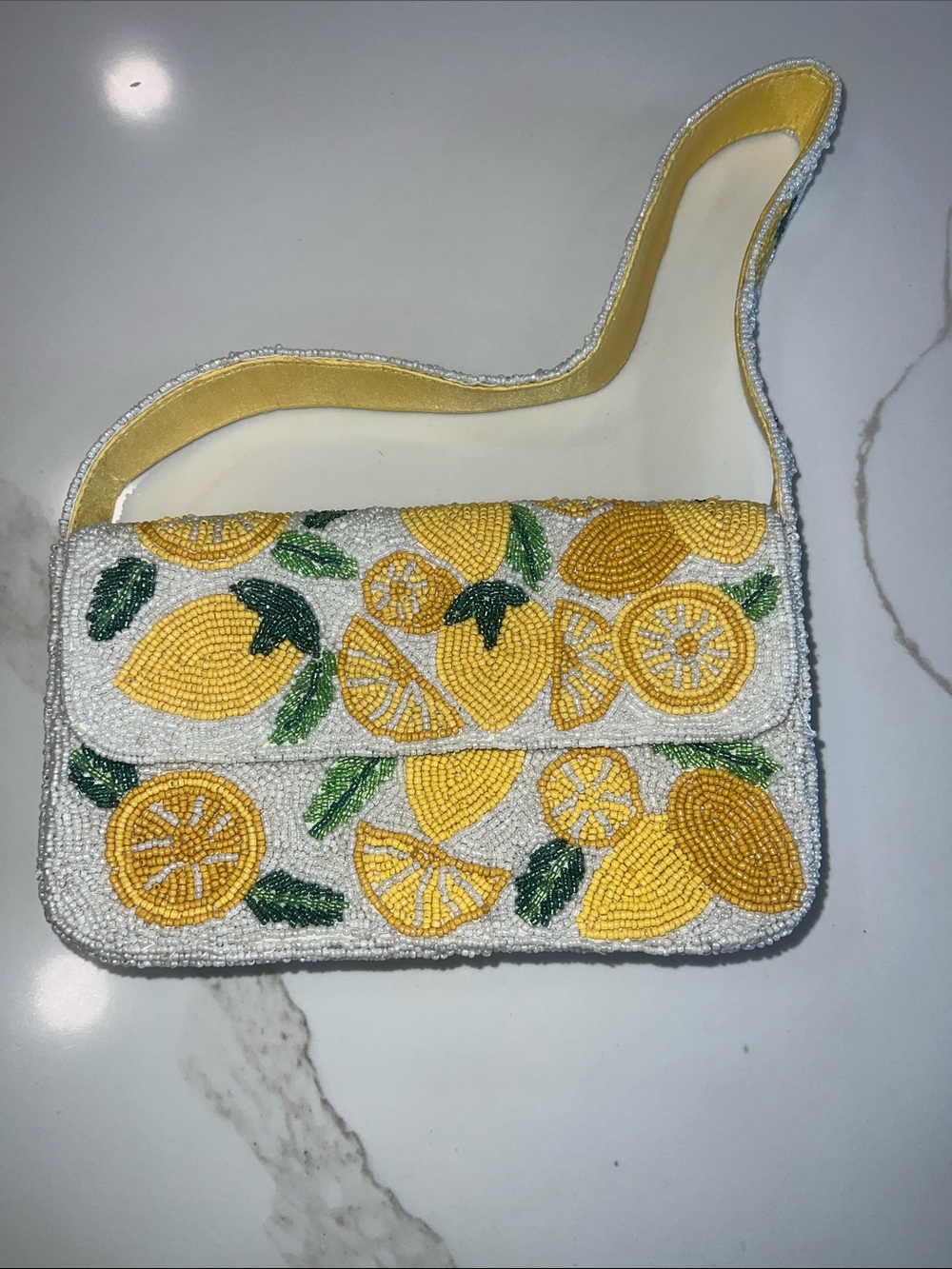 Wild Flower Beaded Lemon Print Shoulder Bag - Yellow